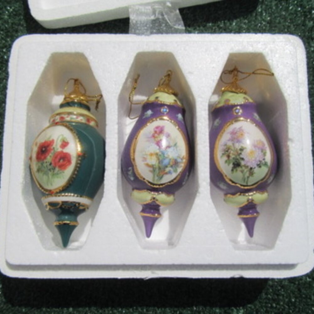 3 Bradford Editions Lena Liu Forever Flowers Christmas Ornaments Irises Poppies